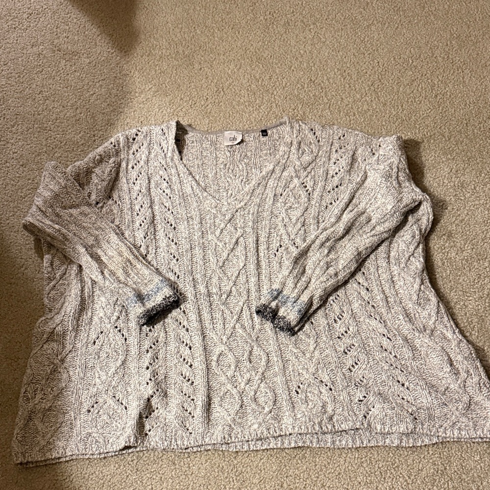 CAbi V-Neck Cable Knit Sweater - Gray
